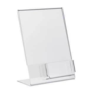 Stojak na tabliczki w kształcie litery L z pudełkiem, akrylowy orientacja pionowa | A5 + 56 x 88 mm