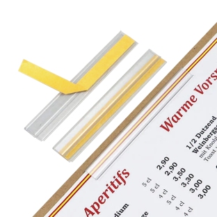 Listwy do oprawy menu, 100 mm, kolor przezroczysty, samoprzylepne, 1 mm 