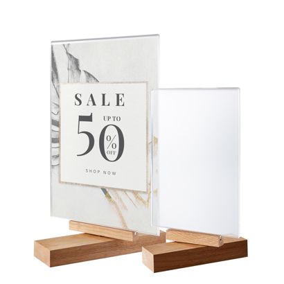 Obrotowy stojak na menu, z akrylowym etui na ulotki i drewnianą podstawą 