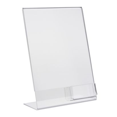 Stojak na tabliczki w kształcie litery L z pudełkiem, akrylowy orientacja pionowa | A4 + 56 x 88 mm